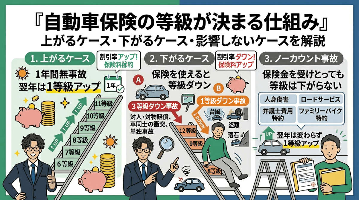 自動車保険の等級が決まる仕組み(上がるケース・下がるケース)