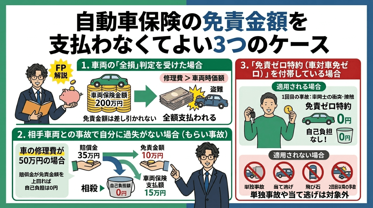 自動車保険の免責金額を支払わなくてよい3つのケース